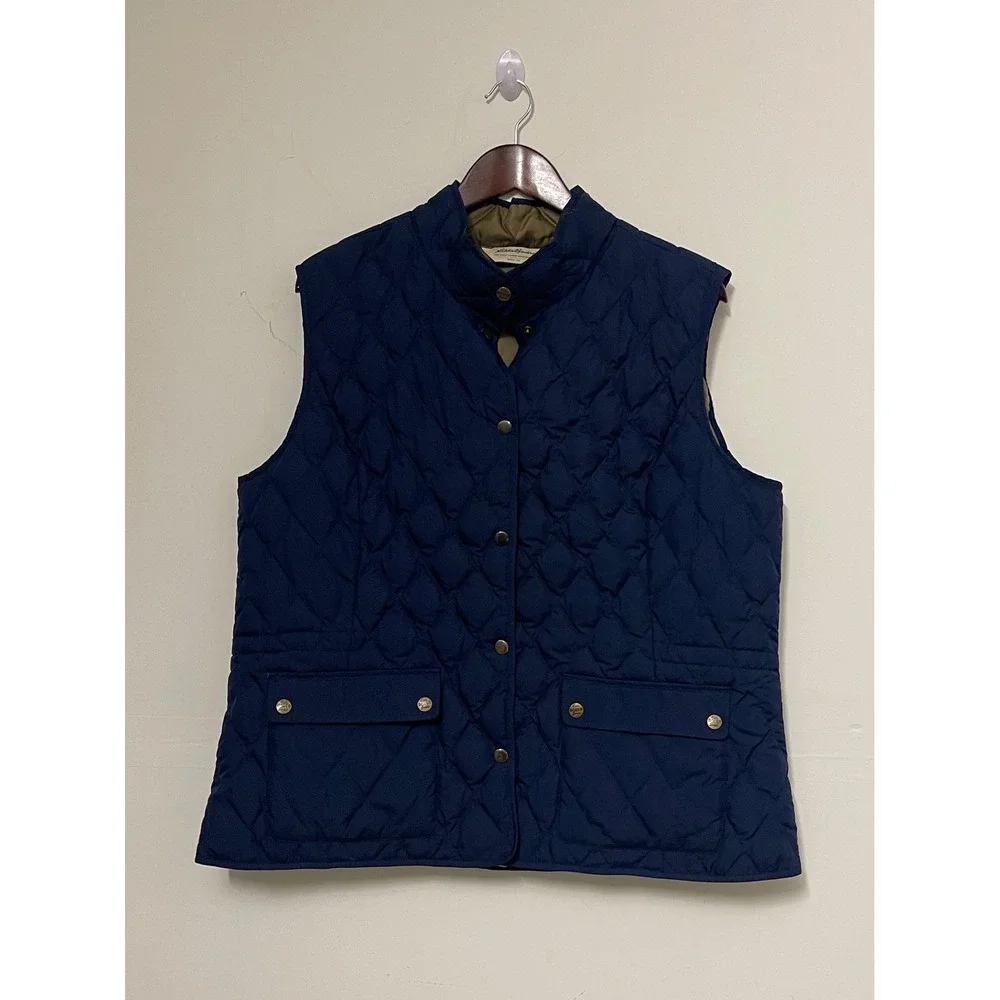 Eddie Bauer Navy Blue Diamond Quilted Goose Down Vest Womens XXL Snap Front